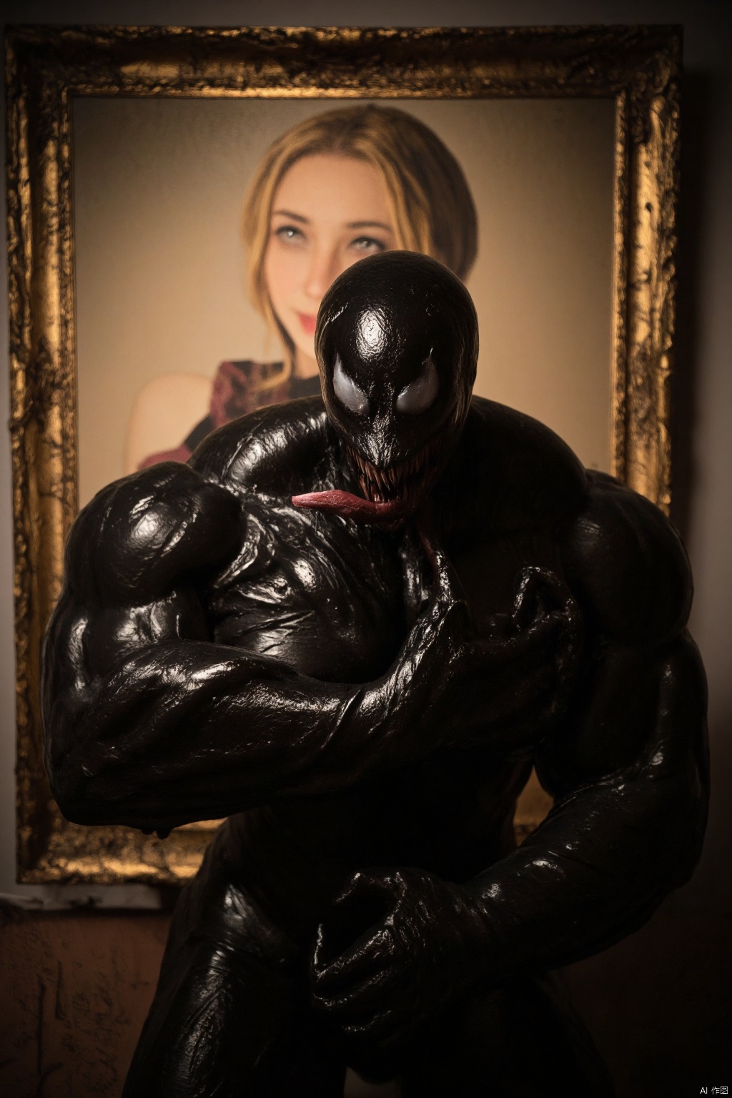 A close-up shot of Venom embracing the 
Iron Blood Warrior, with the iconic painting in the background. Venom's muscular, black form contrasts sharply with the soft, warm tones of the painting. The lighting is dramatic, casting deep shadows across Venom's face, while the 
Iron Blood Warrior remains illuminated, her enigmatic smile visible. Venom's long, serpentine tongue reaches out towards the painting, creating a surreal and eerie atmosphere. The composition is centered, with Venom's powerful arms wrapped around the frame, emphasizing the juxtaposition between the monstrous and the timeless.,redcraft,SYMBIOTE STYLE