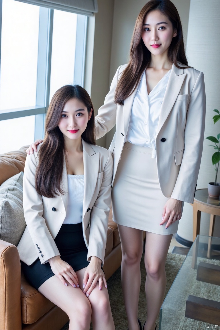 long hair, looking at viewer, smile, multiple girls, skirt, brown hair, shirt, black hair, dress, 2girls, sitting, standing, jacket, white shirt, indoors, black skirt, white dress, high heels, pillow, window, formal, white jacket, suit, dual persona, pencil skirt, red lips, office lady