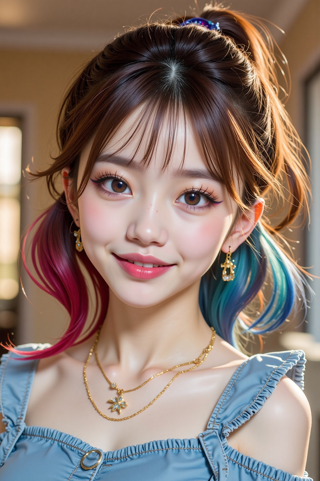 Portrait of a sweet casual look hairstyle for spring and summer,  a close up of a realistic person with a cute face and a...