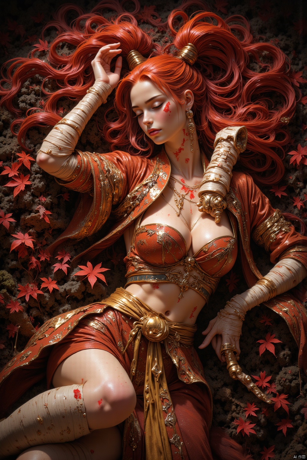 A 70s power fantasy picture featuring a feminine woman with red hair, red eyebrows and colored eyelashes. Her hair is styled in two-side up twintails held with gold hair baubbles. She lying down and sleeping on a pile of red maple leaves. Her outfit includes an opened auburn kimono on top of bandages wrapped around her abnormally large bosom, an auburn and pleated skirt that is shorter at the front and is longer at the back, a large golden sash.