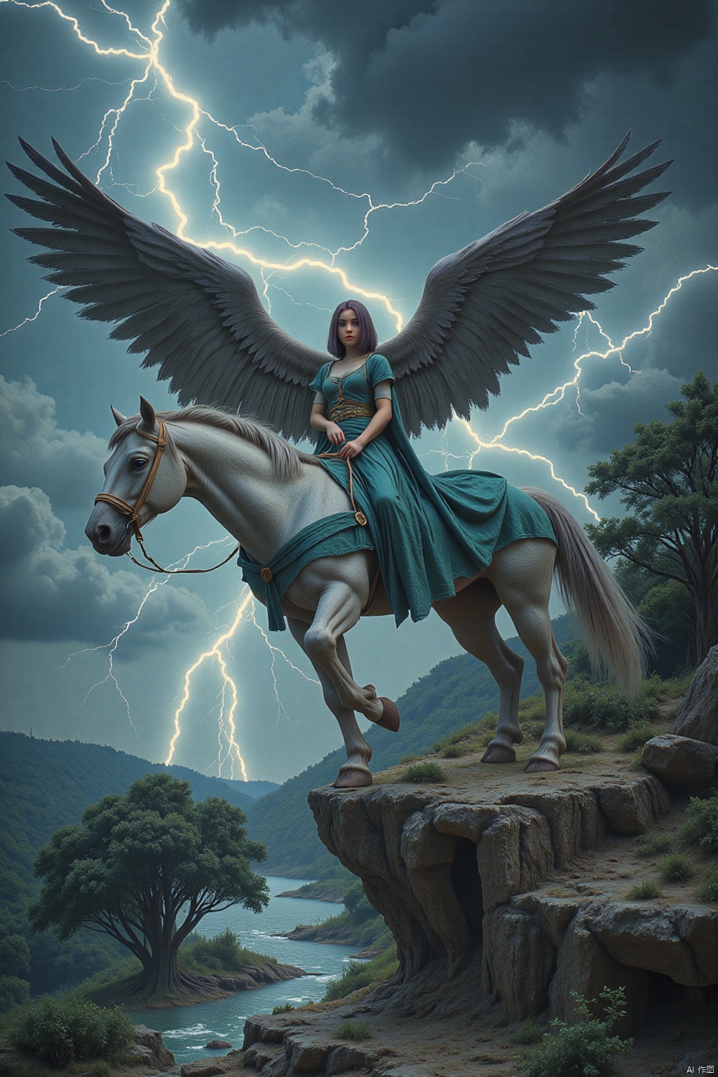 Lightning danced in the sky's dark tear, 
Riding storms through the electric air, 
In jade armor she appears so rare, 
A vision that makes the brave men stare, 
With eyes like ancient tales untold, 
She rides on winds so wild and bold, 
A creature of lore in moves unfold, 
Stories in her gaze do tightly hold, 
Ride the tempest feel the grace, 
Mighty her spirit sets the pace, 
Whispers of secrets in her embrace, 
Lost in her eyes a timeless trace, 
With every crash the thunder roars, 
Shaking the earth and opening doors, 
Her smile a mystery it adorns, 
The world shifts beauty wars, 
A mount of myth with wings so wide, 
They soar together ‘cross the night sky, 
Almond eyes watch with ancient pride, 
Through the maelstrom they both fly, 
Ride the tempest feel the grace, 
Mighty her spirit sets the pace, 
Whispers of secrets in her embrace, 
Lost in her eyes a timeless trace, 
impressionist painting, loose brushwork, vibrant color, light and shadow play, captures feeling over form, Oil Painting, surreal, digital artwork, 
beautiful, painterly, detailed, textural, artistic, aesthetic, intricate details, highly detailed, ultra-detailed, absurdres, unreal engine, octane rendering, high saturation, high contrast, vivid, vibrant, volumetric lighting, 
mythp0rt, detailed