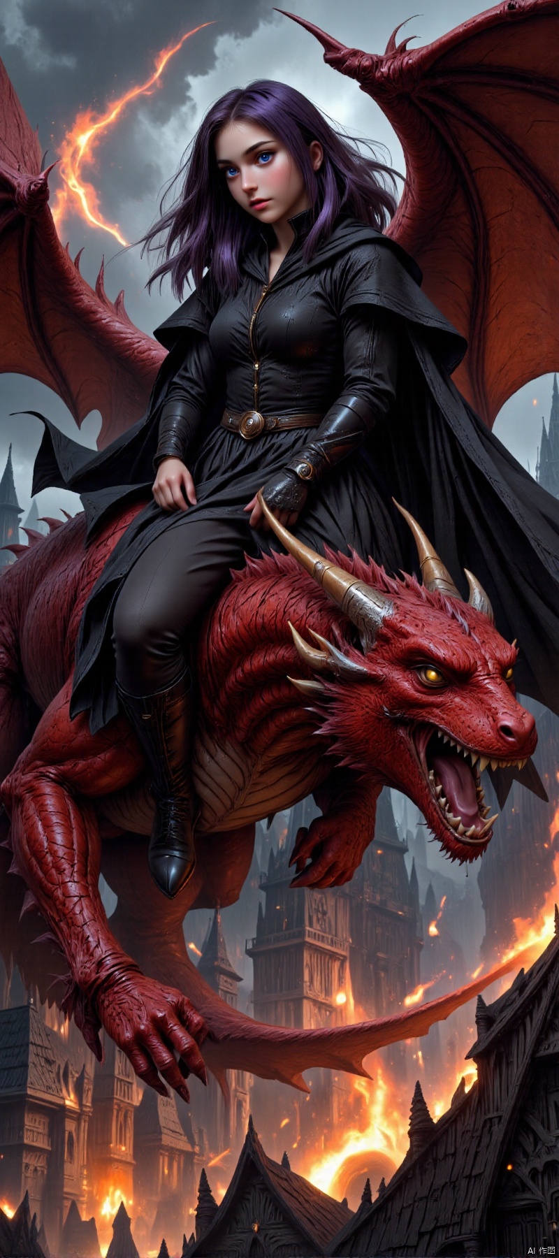 Digital art, photorealistic, cinematic action shot of one laughing beautiful female HKMagic sorceress wearing black robes riding a flying red FluxEpicDragon with wings spread, burning medieval city  background, cinematic realism, high action pose, perfect pupils, insanely detailed faces, correct digits, realistic skin, perfect expressive eyes, perfect pupils, Stunning visuals, Texture, beautiful face features, dynamic