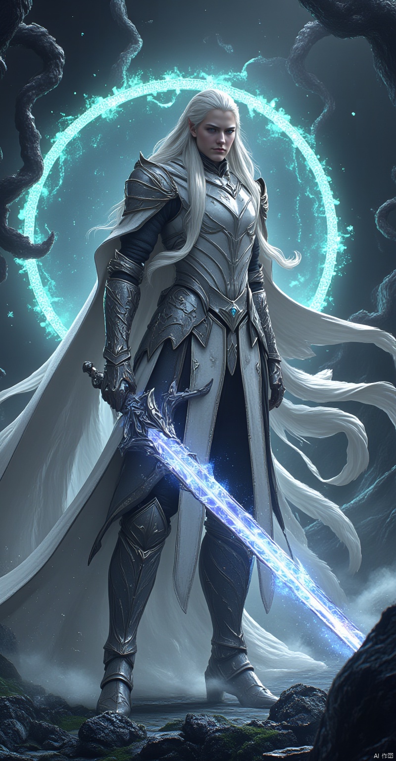 Create a full-body image of an elven warrior standing in a surreal, dreamlike world. The warrior is wearing heavy, ornate armor that shimmers with a soft, ethereal light. Their long, flowing hair is silver-blonde and cascades down their back like a river of moonlight. In their hand, they hold a magnificent magical sword that crackles with energy and emits a soft hum. The sword's blade is inscribed with intricate, glowing runes that seem to pulse with an otherworldly power.
The warrior stands amidst a fantastical landscape of twisting, crystalline spires and glowing, iridescent mist. The air is filled with swirling, rainbow-colored clouds that seem to take on lives of their own, coalescing into strange, surreal shapes that dance and writhe around the warrior.
In the background, a shimmering, opalescent portal glows with an soft, blue-green light, as if beckoning the warrior towards some unknown realm. The portal is surrounded by a halo of glittering, star-like particles that seem to be drawn towards it, as if pulled by an unseen force.
The entire scene is bathed in a soft, dreamy light that seems to emanate from the warrior themselves, as if they are radiating an aura of magic and wonder. The atmosphere is one of enchantment and enchantment, as if the very fabric of reality is bending and warping to accommodate the warrior's presence.,NEWFANTASYCORE,UNI_SCI_FI_CORE