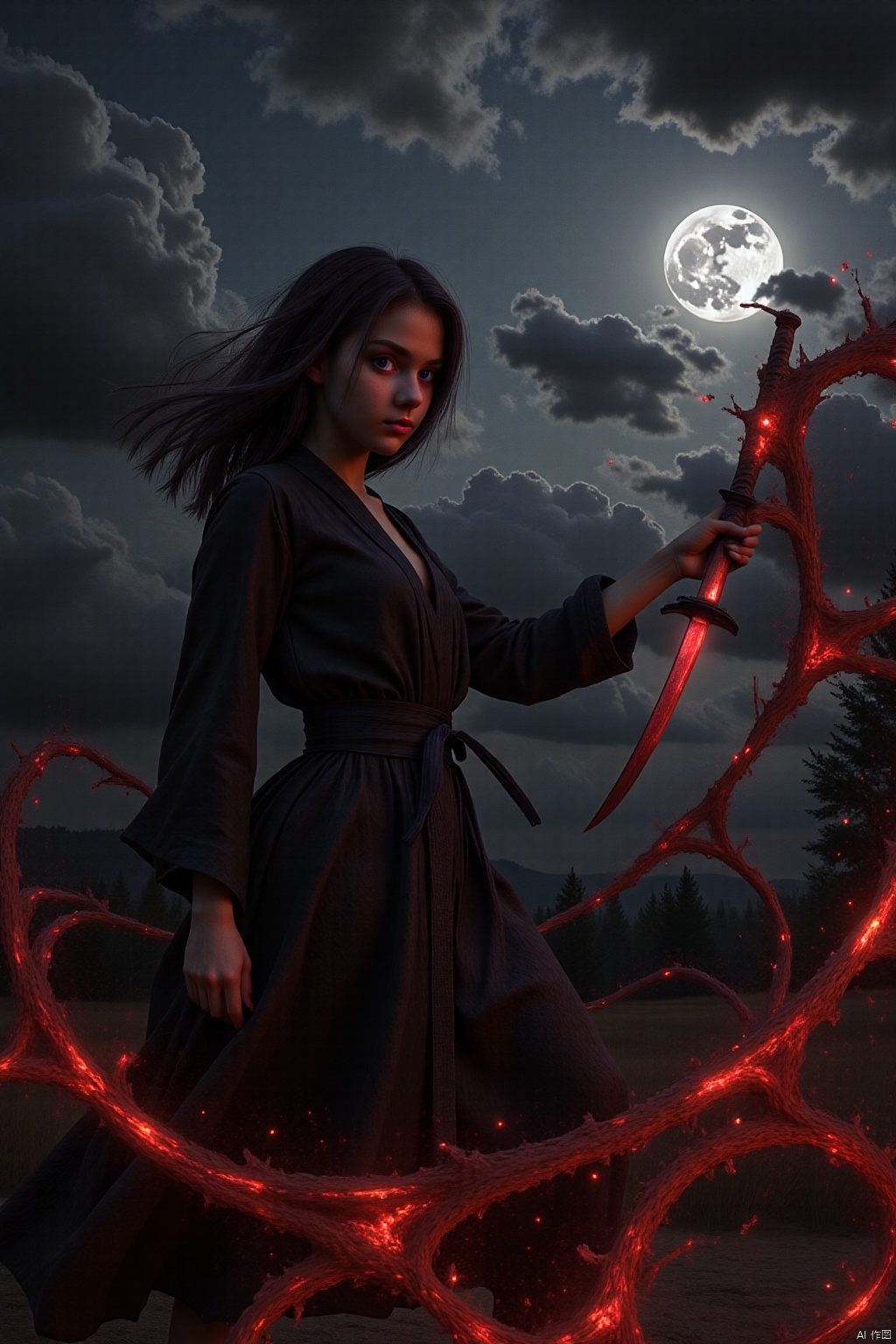 In silhouette stark against a sanguine moon obscured by roiling stormclouds, she materializes from the gloaming - a phantom shrouded in obsidian robes billowing about her lithe form. Eyes smoldering with intensity bore directly into the viewer's soul, daring challenge even as slender digits tighten imperceptibly around the lacquered tsuka of her razor-edged katana. Crimson droplets spray outward in graceful arcs as the gleaming shinken cleaves the air, leaving trails of scarlet motes dancing in its wake. Blood-slick steel glints dully, reflecting the hellish hue cast by celestial bodies above, as though stained by the very essence of damnation itself. Tendrils of ebony hair whip about her countenance, framing features set in grim determination, lips curled in a sneer hinting at untold atrocities committed in service to some vengeful cause.
impressionist painting, loose brushwork, vibrant color, light and shadow play, captures feeling over form, Oil Painting, surreal, 
beautiful, painterly, detailed, textural, artistic, aesthetic, intricate details, highly detailed, vivid, vibrant, volumetric lighting, 
df_style,NEWFANTASYCORE