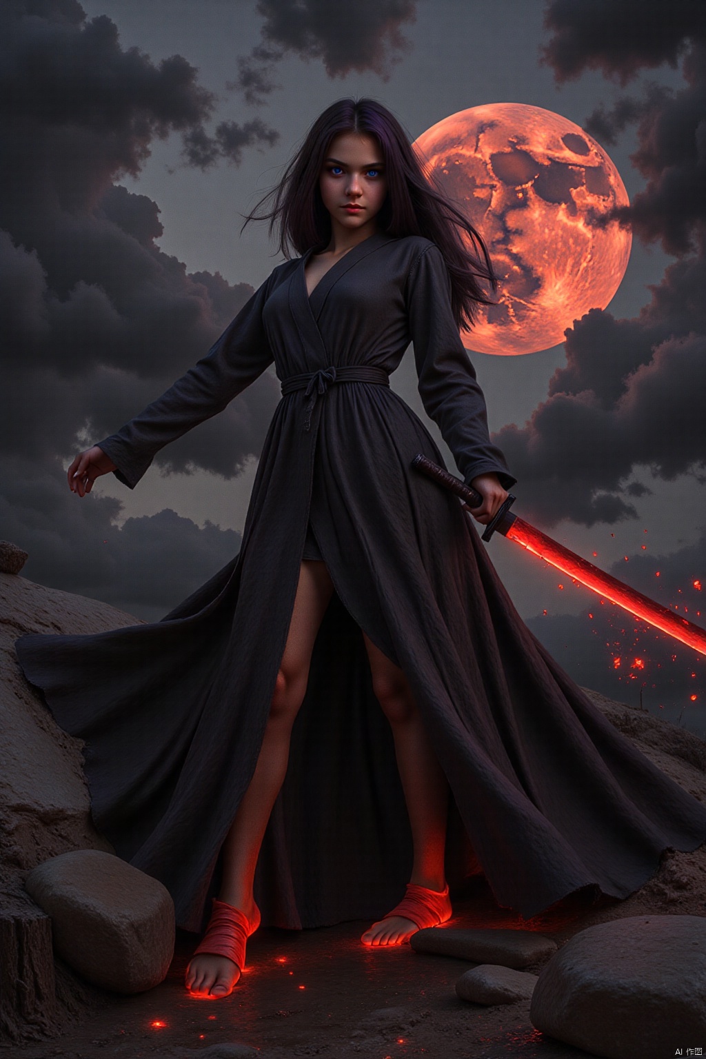 In silhouette stark against a sanguine moon obscured by roiling stormclouds, she materializes from the gloaming - a phantom shrouded in obsidian robes billowing about her lithe form. Eyes smoldering with intensity bore directly into the viewer's soul, daring challenge even as slender digits tighten imperceptibly around the lacquered tsuka of her razor-edged katana. Crimson droplets spray outward in graceful arcs as the gleaming shinken cleaves the air, leaving trails of scarlet motes dancing in its wake. Blood-slick steel glints dully, reflecting the hellish hue cast by celestial bodies above, as though stained by the very essence of damnation itself. Tendrils of ebony hair whip about her countenance, framing features set in grim determination, lips curled in a sneer hinting at untold atrocities committed in service to some vengeful cause.
impressionist painting, loose brushwork, vibrant color, light and shadow play, captures feeling over form, Oil Painting, surreal, 
beautiful, painterly, detailed, textural, artistic, aesthetic, intricate details, highly detailed, vivid, vibrant, volumetric lighting, 
df_style