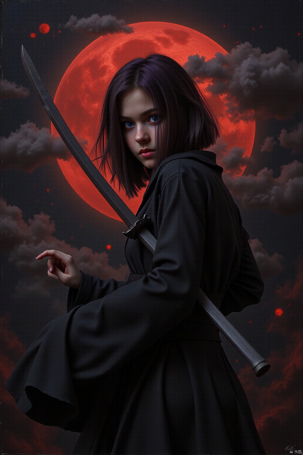 In silhouette stark against a sanguine moon obscured by roiling stormclouds, she materializes from the gloaming - a phantom shrouded in obsidian robes billowing about her lithe form. Eyes smoldering with intensity bore directly into the viewer's soul, daring challenge even as slender digits tighten imperceptibly around the lacquered tsuka of her razor-edged katana. Crimson droplets spray outward in graceful arcs as the gleaming shinken cleaves the air, leaving trails of scarlet motes dancing in its wake. Blood-slick steel glints dully, reflecting the hellish hue cast by celestial bodies above, as though stained by the very essence of damnation itself. Tendrils of ebony hair whip about her countenance, framing features set in grim determination, lips curled in a sneer hinting at untold atrocities committed in service to some vengeful cause.
impressionist painting, loose brushwork, vibrant color, light and shadow play, captures feeling over form, Oil Painting, surreal, 
beautiful, painterly, detailed, textural, artistic, aesthetic, intricate details, highly detailed, vivid, vibrant, volumetric lighting, 
df_style