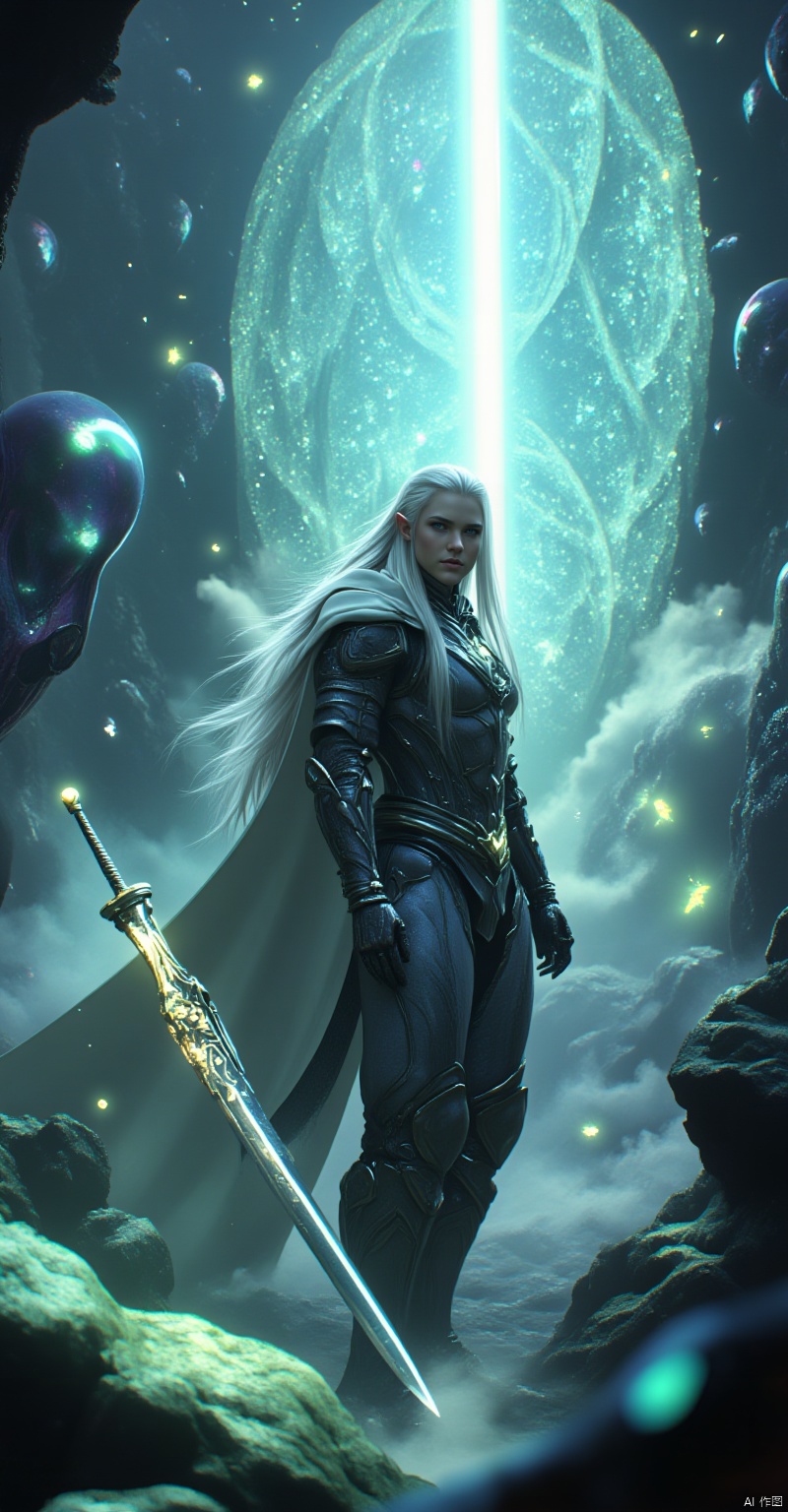 Create a full-body image of an elven warrior standing in a surreal, dreamlike world. The warrior is wearing heavy, ornate armor that shimmers with a soft, ethereal light. Their long, flowing hair is silver-blonde and cascades down their back like a river of moonlight. In their hand, they hold a magnificent magical sword that crackles with energy and emits a soft hum. The sword's blade is inscribed with intricate, glowing runes that seem to pulse with an otherworldly power.
The warrior stands amidst a fantastical landscape of twisting, crystalline spires and glowing, iridescent mist. The air is filled with swirling, rainbow-colored clouds that seem to take on lives of their own, coalescing into strange, surreal shapes that dance and writhe around the warrior.
In the background, a shimmering, opalescent portal glows with an soft, blue-green light, as if beckoning the warrior towards some unknown realm. The portal is surrounded by a halo of glittering, star-like particles that seem to be drawn towards it, as if pulled by an unseen force.
The entire scene is bathed in a soft, dreamy light that seems to emanate from the warrior themselves, as if they are radiating an aura of magic and wonder. The atmosphere is one of enchantment and enchantment, as if the very fabric of reality is bending and warping to accommodate the warrior's presence.,NEWFANTASYCORE,UNI_SCI_FI_CORE