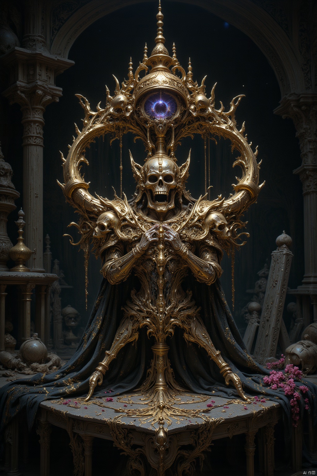 Gothicpunk , stunning crown made of golden skulls on top, lying on a broken stone tablet, graveyard gothic artifacts and decor, ultra HD, magical realism, ultra fine details, cinematic, fantasycore, volumetric lighting, epic composition, grimdark, ,breathtaking borderland fantasycore artwork by Android Jones, Jean Baptiste monge, Alberto Seveso, James Jean, Jeremy Mann, maximalist highly detailed and intricate professional photography, a masterpiece, 8k re, dark with an eerie ambiance.graveyard, ultra HD, magical realism, ultra fine details, cinematic, fantasycore, volumetric lighting, epic composition, grimdark, ,breathtaking borderland fantasycore artwork by Android Jones, Jean Baptiste monge, Alberto Seveso, James Jean, Jeremy Mann, maximalist highly detailed and intricate professional photography, a masterpiece, 8k resolution concept art