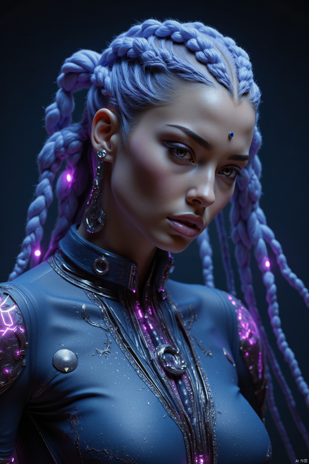 Masterpiece, semi realistic, dramatic angle, face close up portrait of a beautiful and stunning woman, otherworldly look, her hair a cascade of iridescent silver and lavender braids that sweep down past her waist, woven with thin metallic threads that glint as she moves, A half-shaved side reveals intricate henna-like designs inked across her scalp, adding an edge to her ethereal vibe, outfit is a fusion of futuristic and bohemian, a high-neck asymmetrical crop top made of translucent fabric that shimmers under light, one sleeve that extends to her wrist in a cascade of translucent ruffles, high-waisted wide-leg pants in deep midnight blue, embroidered with glowing constellations that appear to shift and twinkle as she moves, hands are adorned with delicate silver rings and filigree gloves, futuristic mysticism, stunning makeup, beautiful lipstick, beautiful lips, eyeliner, eye shadow, stunning eyes, roams through cosmic markets set on floating islands surrounded by shimmering nebulae and star-filled skies, high-res, best quality, intricate details, ultra details, cinematic, good lighting, vibrant colors, very detailed, octane render, ray tracing,