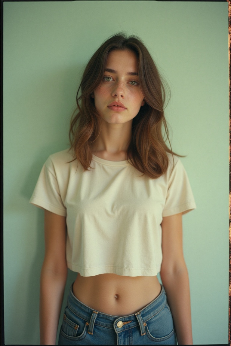 Portrait of a beautiful slim alternative 20 year old ,  midriff t-shirt,  shot on polaroid on Tensor.Art
