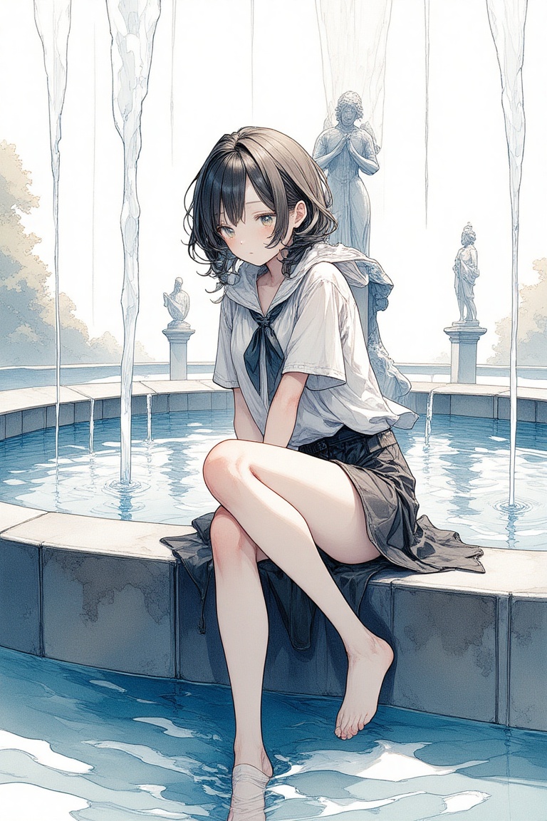 1girl,  Sitting crossed leg with hands on knees,  at a fountain on Tensor.Art