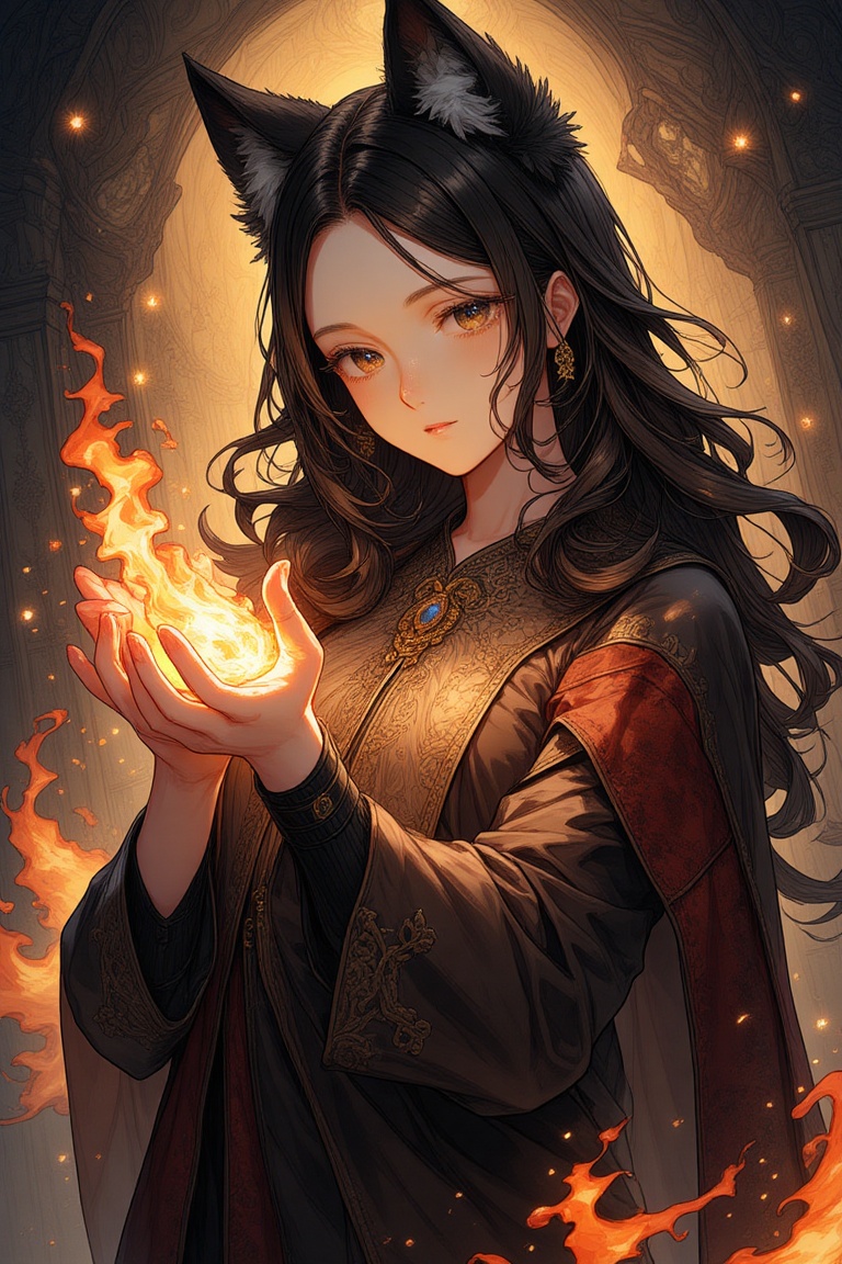 1girl,  wolf girl ,  embracing fire with flickering fingers on Tensor.Art