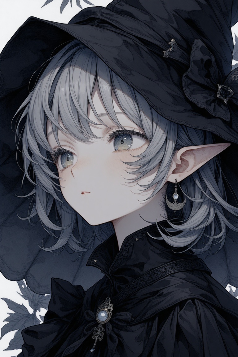gray hair,  black witch clothes,  moon earrings on Tensor.Art