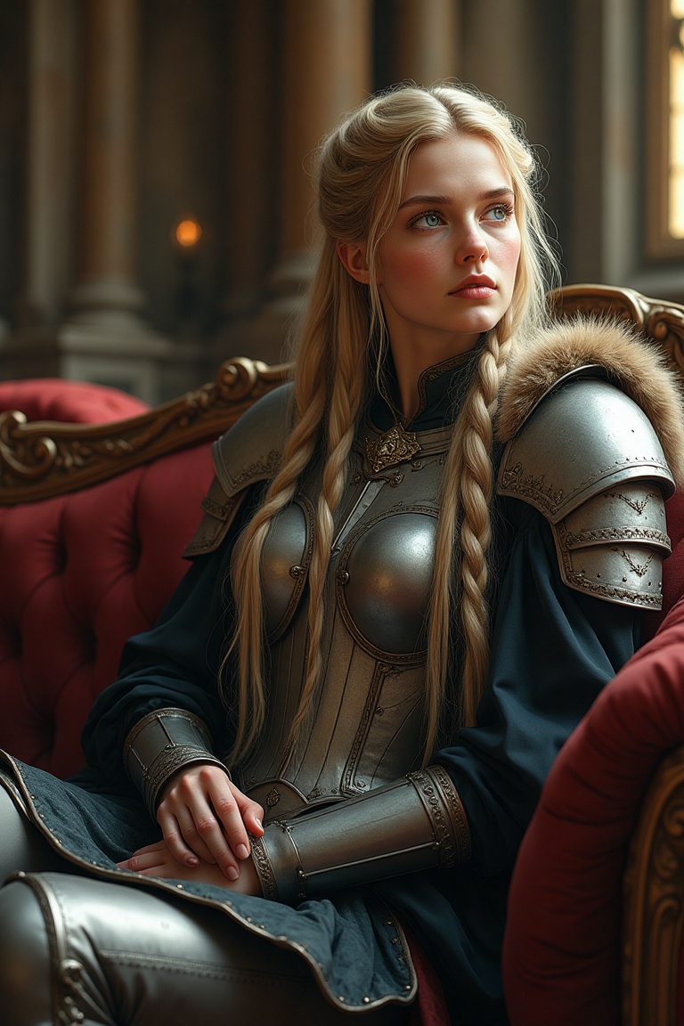 A beautiful queen with long braided blonde hair,  wearing elegant ornate armor with fur accents,  blue eyes gazing thought...