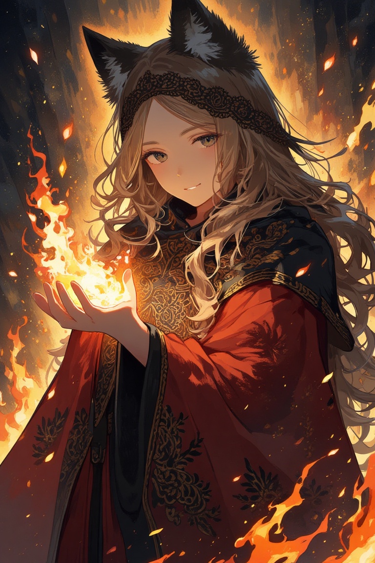 1girl,  wolf girl ,  embracing fire with flickering fingers on Tensor.Art