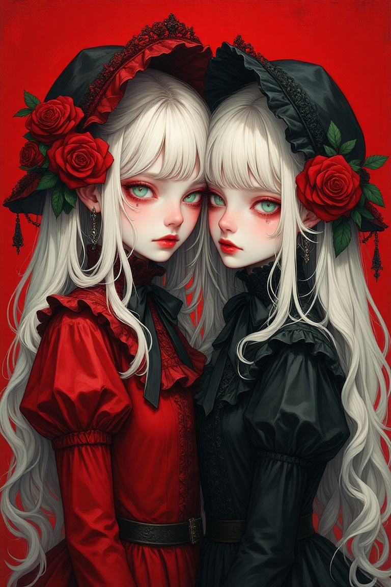 two women with white hair and red roses on their heads,  one of them is hugging the other's head,  a detailed painting on...