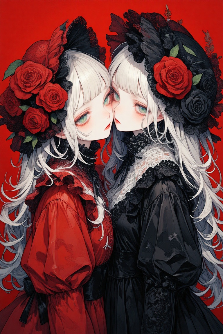 two women with white hair and red roses on their heads,  one of them is hugging the other's head,  a detailed painting on...