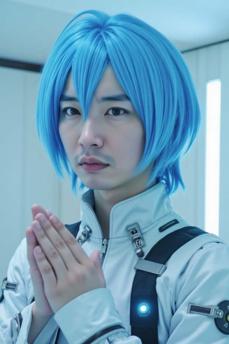 1boy,  solo,  A live-action 2.5D stage-actor style androgynous teenage boy cosplaying a Rei Ayanami–inspired outfit. He ha...