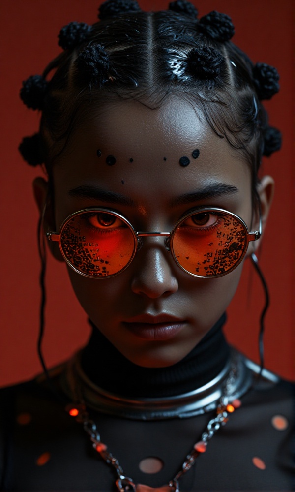 A futuristic fantasy full body images an enigmatic tween girl with intricate,  black dots meticulously arranged on her hea...
