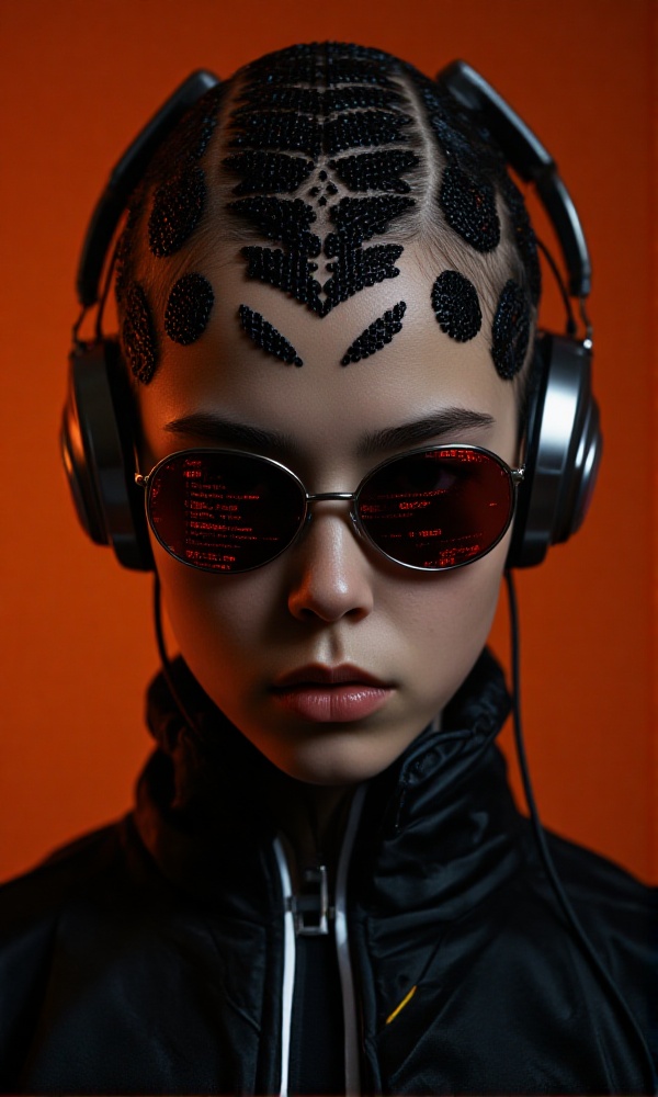 A futuristic fantasy full body images an enigmatic tween girl with intricate,  black dots meticulously arranged on her hea...