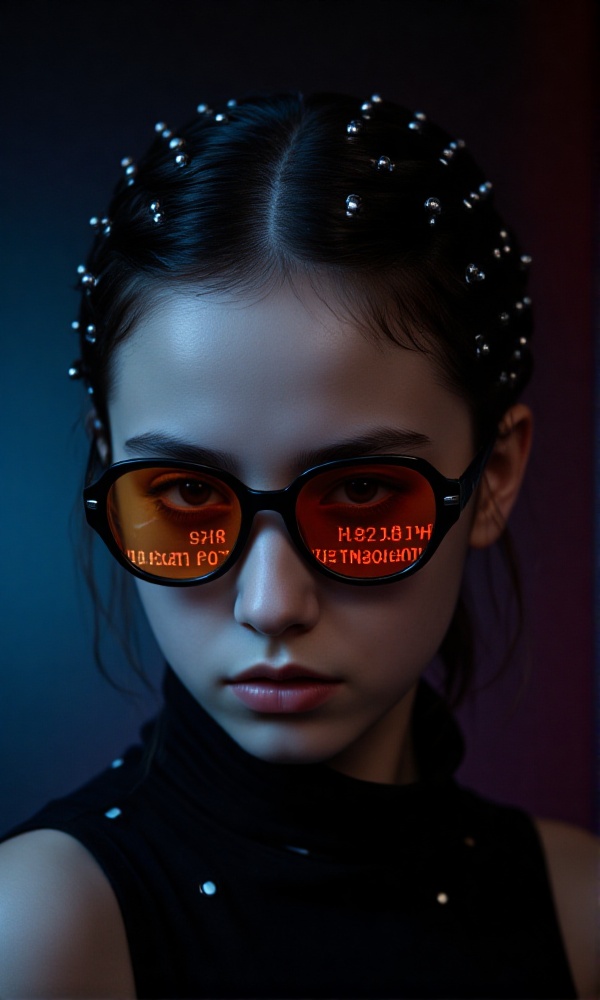 Close-up shot of an enigmatic tween girl with intricate black dots meticulously arranged on her head,  resembling a mesmer...