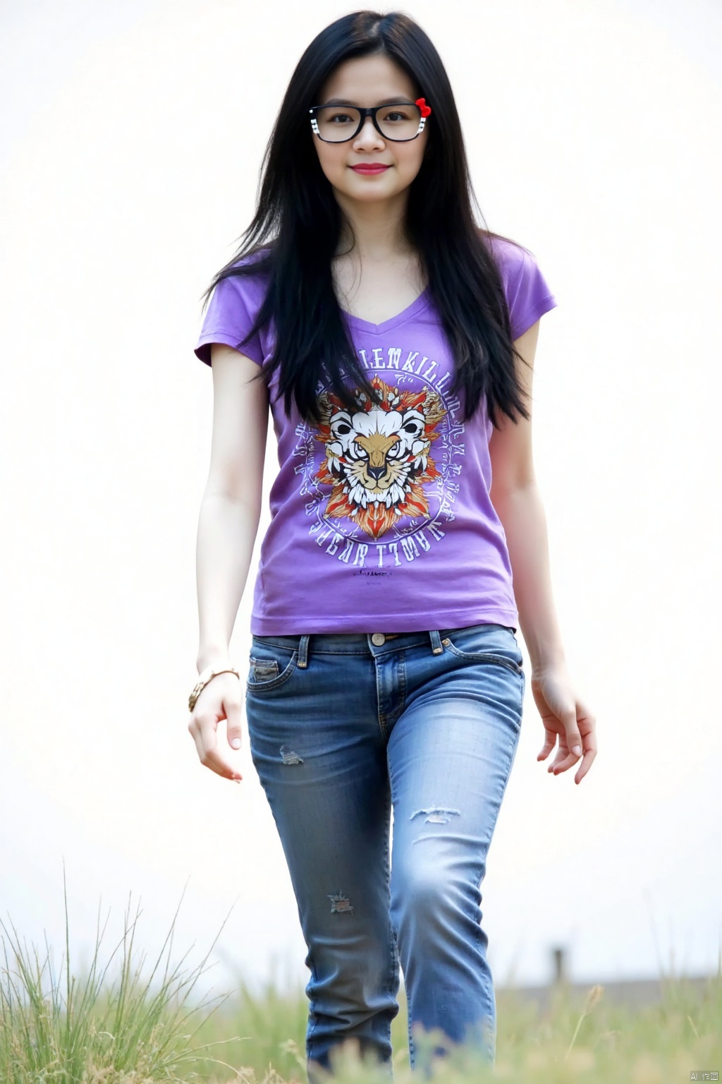 (1girl:1.3), (best quality, masterpiece, ultra high resolution),(photorealistic:1.3), (realistic:1.3), depth of field,(full body:1.4), (day:1.2), (cinematic lighting:1.2),1girl, long_hair, smile, shirt, black_hair, white_background, one_eye_closed, glasses, denim, t-shirt, jeans, purple_shirt, print_shirt
,grass