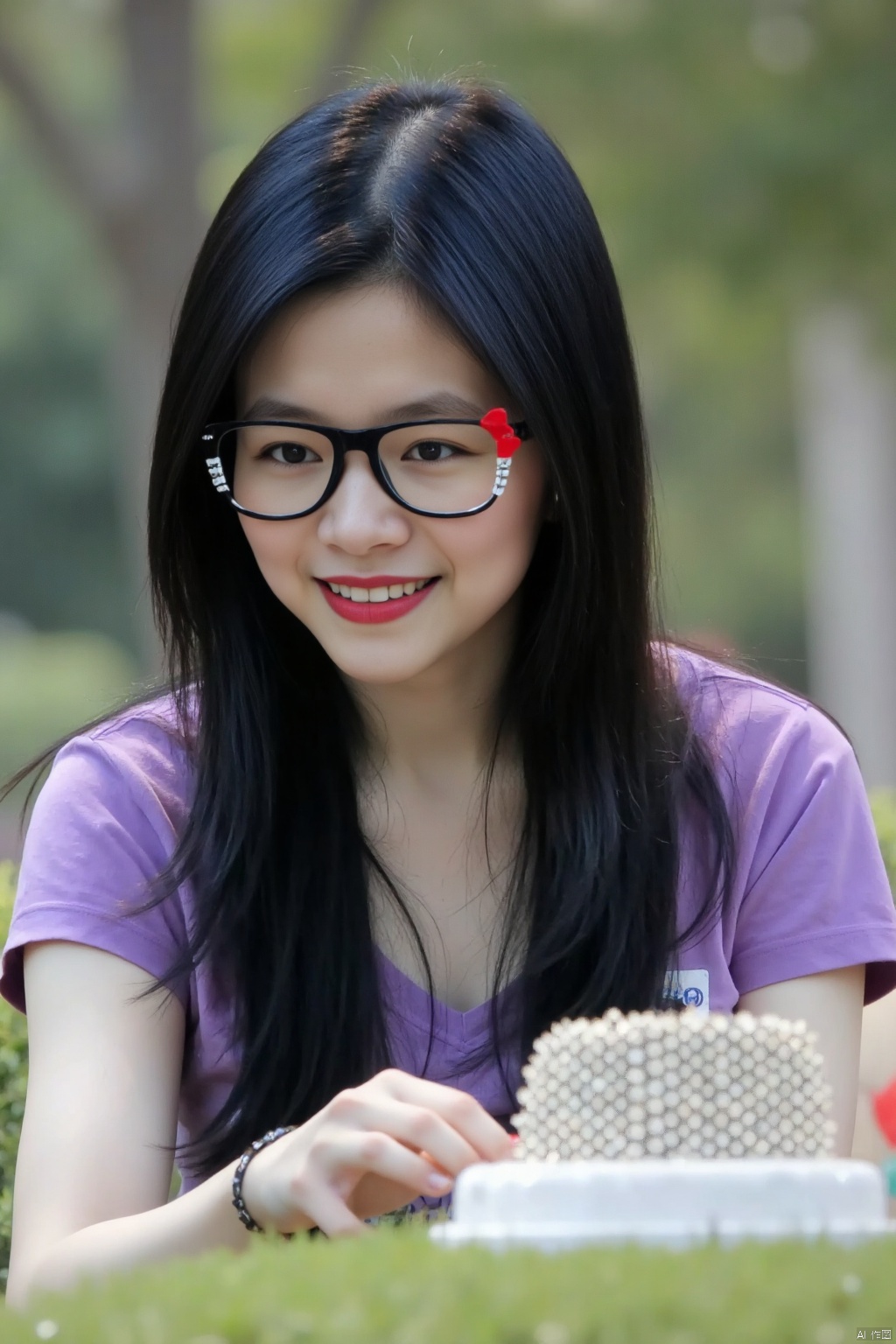 (1girl:1.3), (best quality, masterpiece, ultra high resolution),(photorealistic:1.3), (realistic:1.3), depth of field,(full body:1.4), (day:1.2), (cinematic lighting:1.2),1girl, long_hair, smile, shirt, black_hair, upper_body, short_sleeves, glasses, teeth, black_eyes, black-framed_eyewear, head_rest, realistic, purple_shirt
,grass