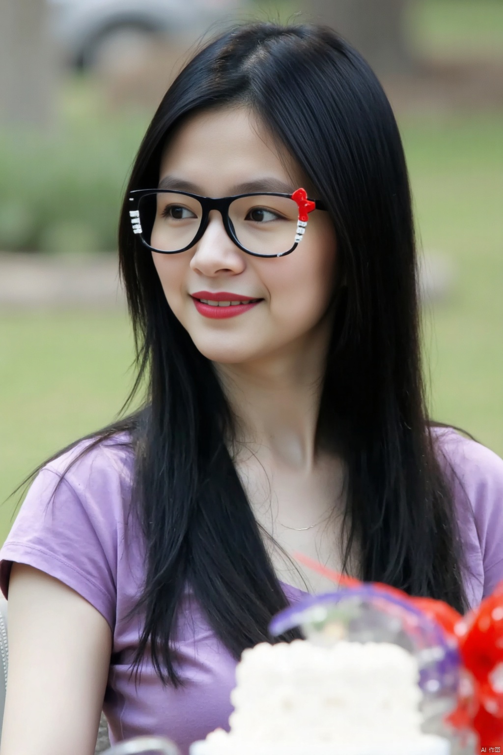 (1girl:1.3), (best quality, masterpiece, ultra high resolution),(photorealistic:1.3), (realistic:1.3), depth of field,(full body:1.4), (day:1.2), (cinematic lighting:1.2),1girl, long_hair, smile, shirt, black_hair, parted_lips, food, glasses, black_eyes, watermark, cake, realistic
,grass