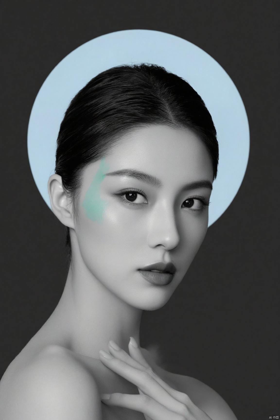 relegant woman, black-and-white photography, soft sea blue and mint green paint brush strokes on face, minimalist style, light sea blue circle behind head, best quality,masterpiece,plns,xfg
