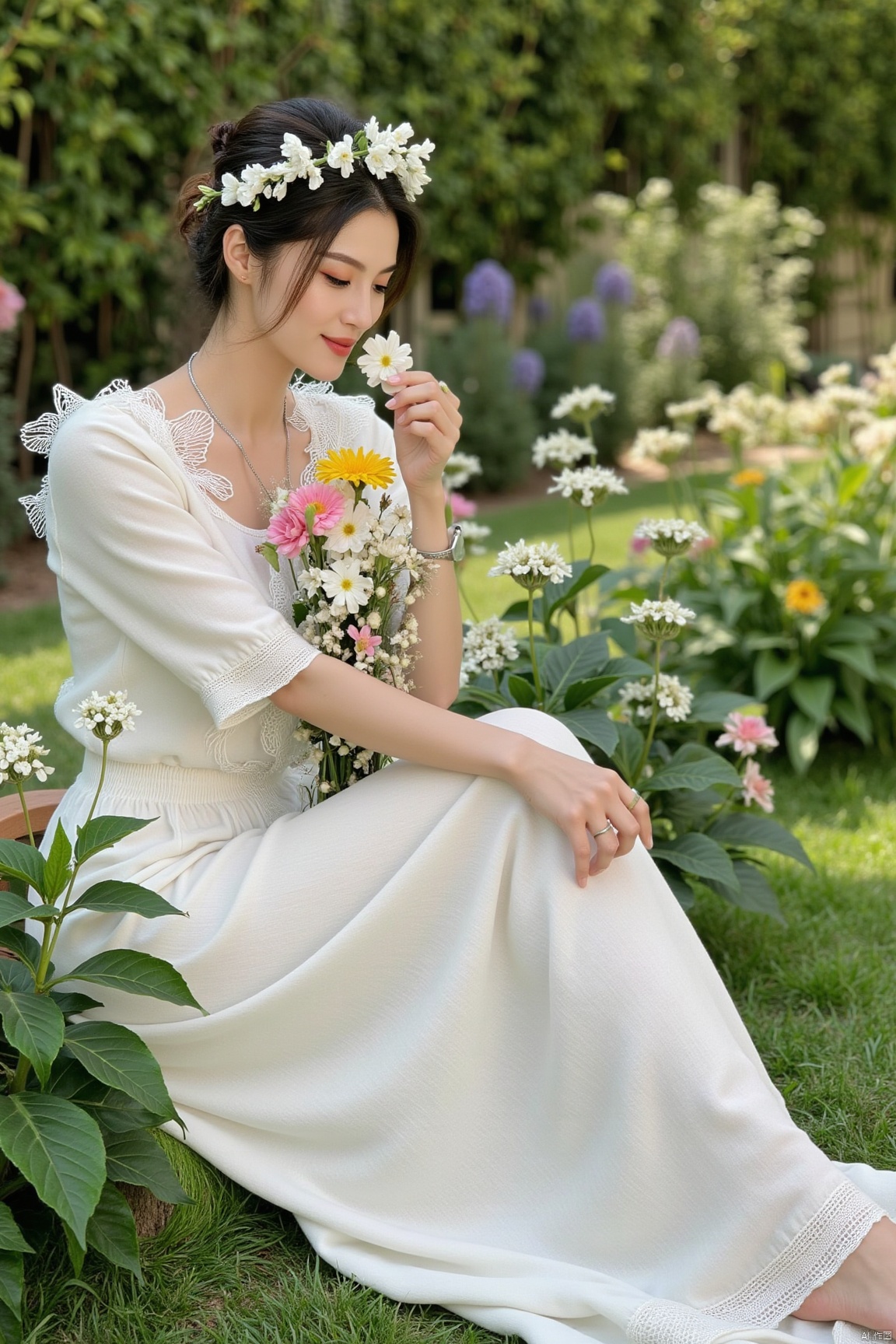 In the garden, a woman in a white dress sits quietly among the flowers with a smile. She wears a wreath on her head and the hem of her skirt gently rests on the grass, as if she is one with nature. She held a bouquet of flowers in her hand and smelled the fragrance with a smile, her face filled with a smile of happiness and satisfaction. Her eyes are gentle and deep, as if she is having a spiritual dialogue with nature.,plns,cher,cem,xkj,masterpiece,best quality,xfg