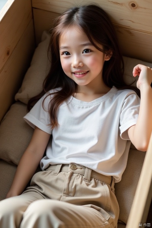 Packed in a box,a young Asian girl with long brown hair,dressed in a white t-shirt and khaki pants,is seated in a wooden crate. The girl's left hand is resting on the crate