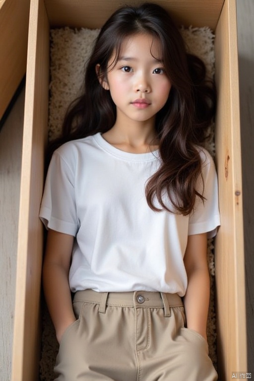 Packed in a box,a young Asian girl with long brown hair,dressed in a white t-shirt and khaki pants,is seated in a wooden crate. The girl's left hand is resting on the crate