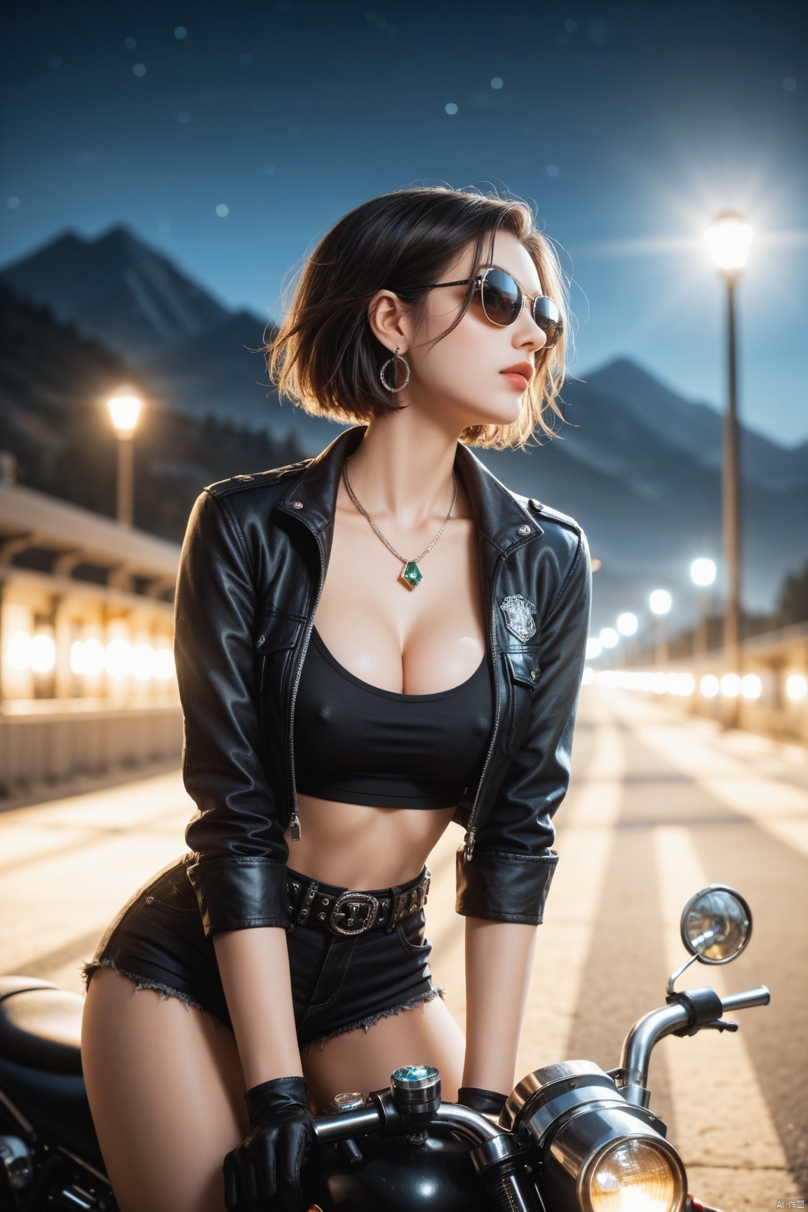 score_9,score_8_up,score_7_up, 
low_view,looking_away,focus,medium_full_shot, 
BREAK
1girl,leaning_against_motorcycle,perfect_face,thin_face,tattoos,narrow_waist,large_breasts,cleavage,sideways,sexy_pose,cropped_shirt,black_short_suit_jacket,bare_abdomen,micro_shorts,hand_in_pants_pocket,black_gloves,sunglasses,posing,(flying_hair:0.8),belt,  (bubble_butt,large_butt:0.6),covered_nipples, long_legs,slim,tapered_pixie_cut,earrings,necklaces,gemstones,  
mountain_road,cityscape,overlooking,dim_lights,cliffs,night,darkness,late_at_night, 
BREAK  
face_lighting,soft_lighting,unique_pose,unique_perspective,wide_view,expressiveh,volumetric_lighting,vivid_colours,rembrandt_lighting,blurry_background,depth_of_field,high_contrast,dramatic_shadows,dramatic_lighting,highly_detailed,high_contrast,film_grain,



