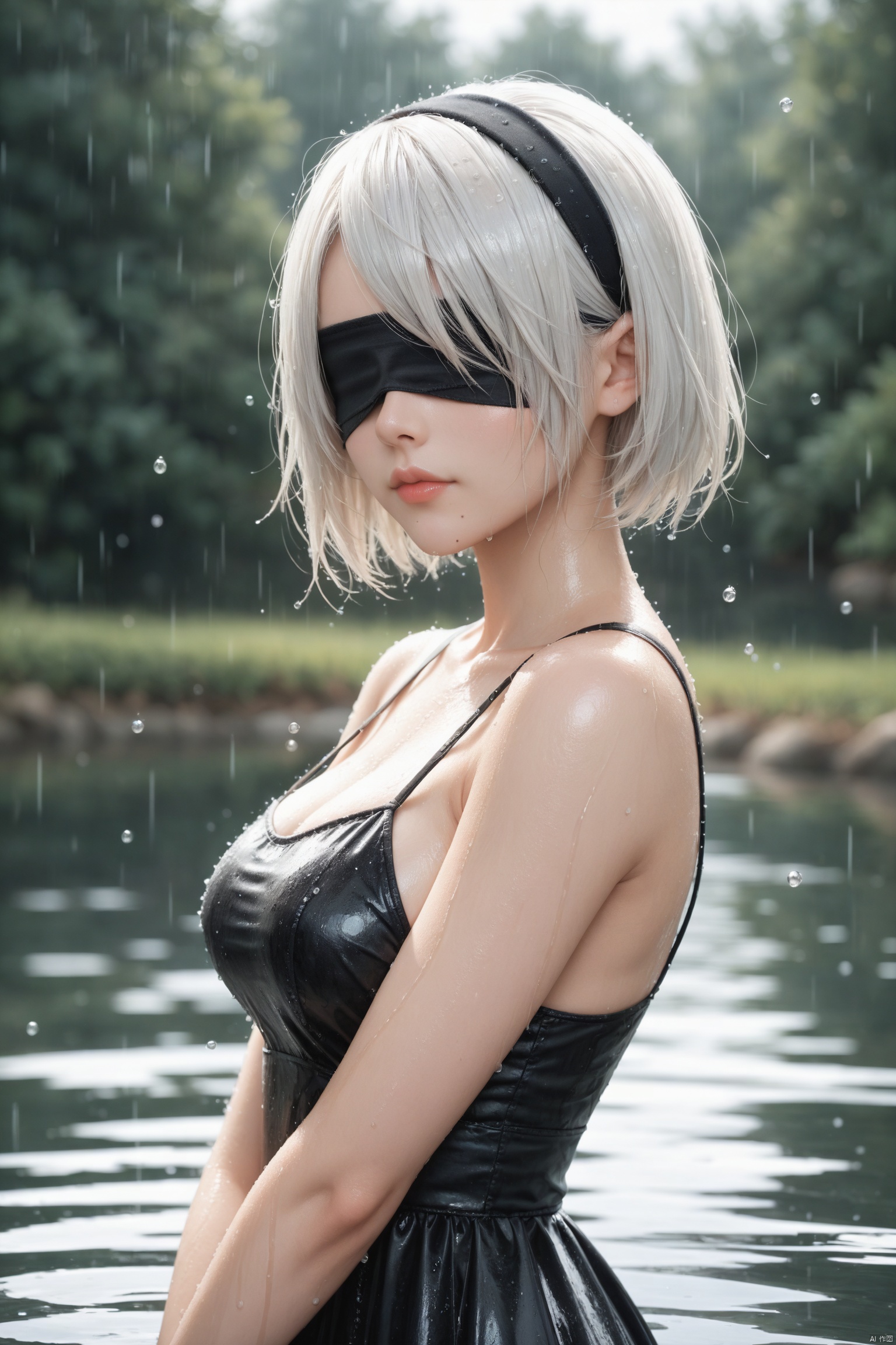 score_9, score_8_up, score_7_up, 1girl, solo, breasts, short hair, dress, bare shoulders, medium breasts, closed mouth, upper body, white hair, hairband, mole, blurry, black dress, lips, wet, depth of field, blurry background, black hairband, wet clothes, mole under mouth, facing viewer, rain, water drop, blindfold, wet hair, covered eyes, black blindfold, yorha no. 2 type b
