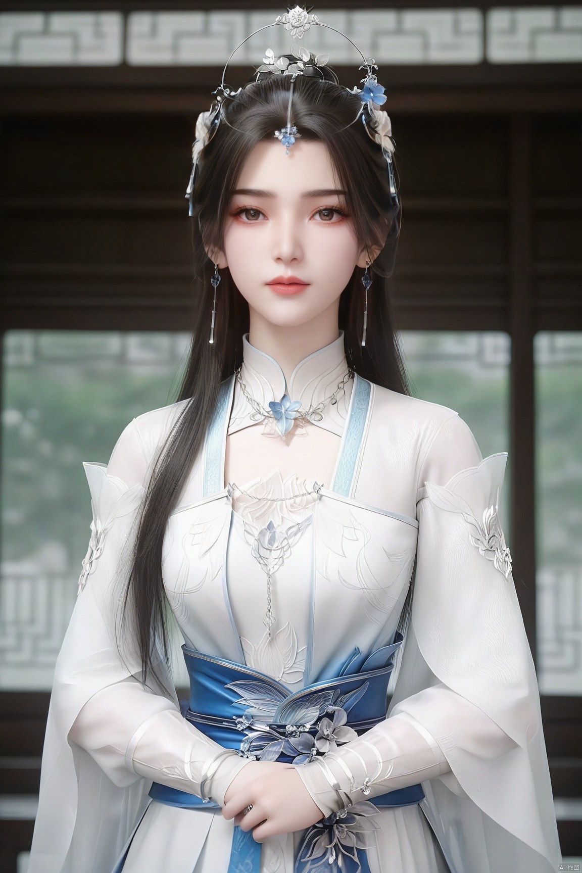 parametersscore_9,score_8_up,score_7_up,source_anime,
1girl, solo, long hair, looking at viewer, brown hair, black hair, hair ornament, long sleeves, dress, jewelry, upper body, earrings, indoors, white dress, sash, chinese clothes,
highly detailed,ultra-high resolution,32K UHD,sharp focus,best-quality,masterpiece,
