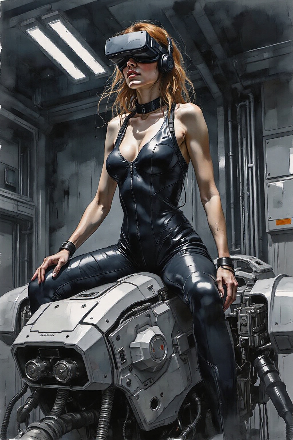 yawc1 watercolor. A striking,  futuristic scene depicts a woman dressed in sleek,  form-fitting leather attire on Tensor.Art