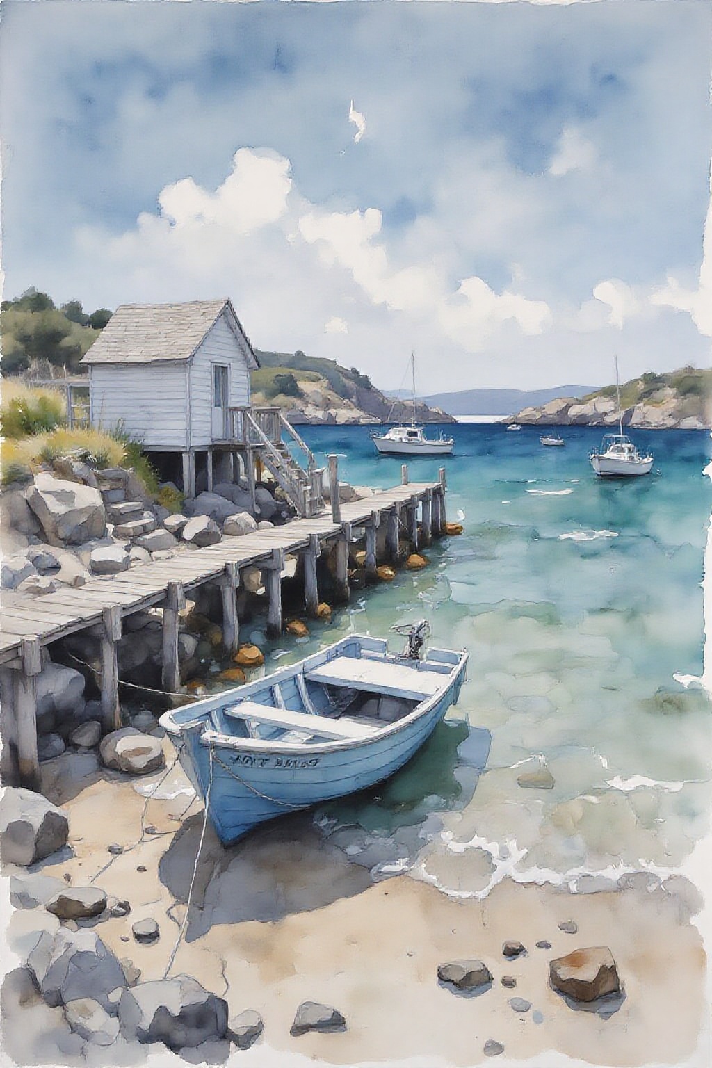 yawc1 watercolor. A watercolor painting of a small boat on a beach. The boat is blue and white in color and is anchored at...