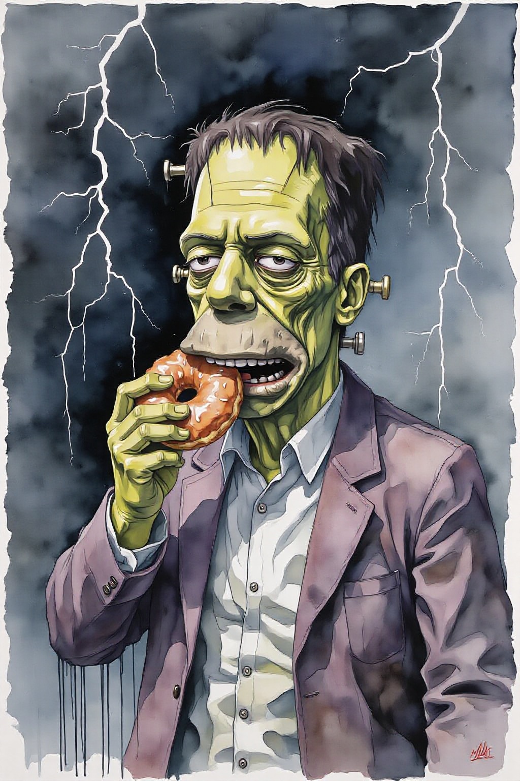 yawc1 watercolor. Homer Simpson dressed as Frankenstein,  eating a doughnut during a thunderstorm on Tensor.Art