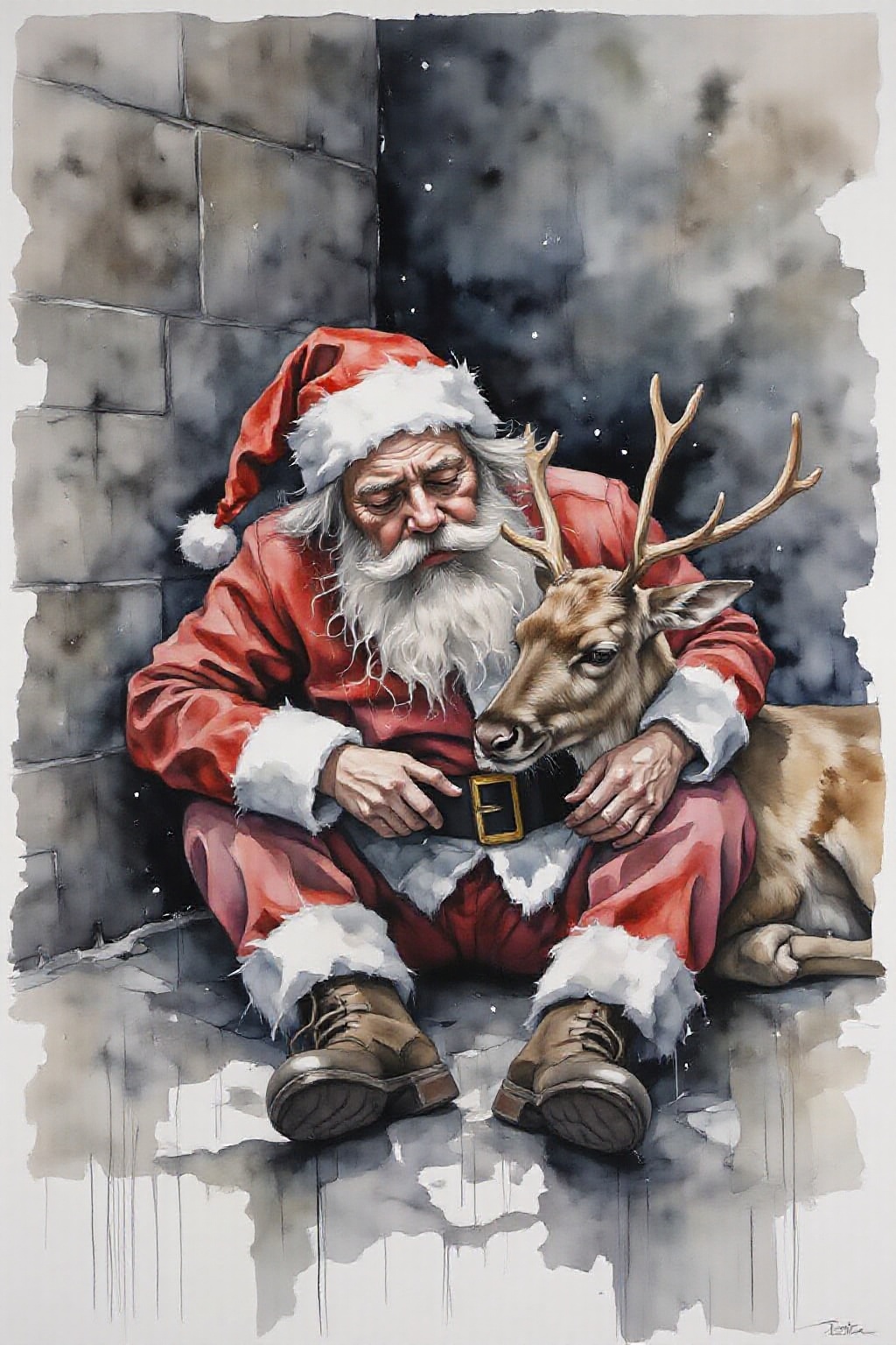 yawc1 watercolor. Homeless Drunk Santa Claus sleeping rough on the street with Rudolph the red-nosed reindeer on Tensor.Art