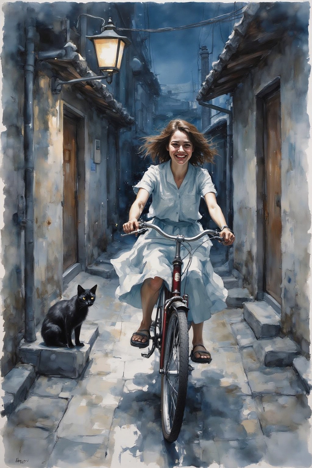 yawc1 watercolor. A Japanese school girl riding a old style bicycle through a narrow,  quiet street at night. The happy wo...