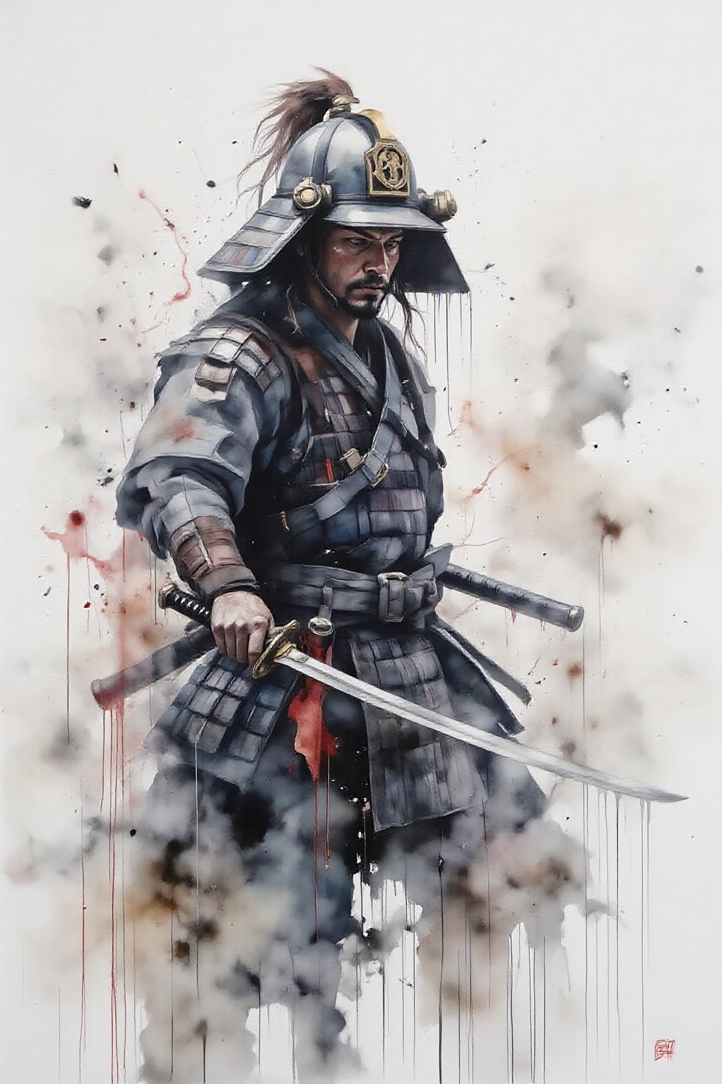 yawc1 watercolor. a dipiction of a Japanese samurai warrior wielding a katana,  blending form with reality. Glitching the...