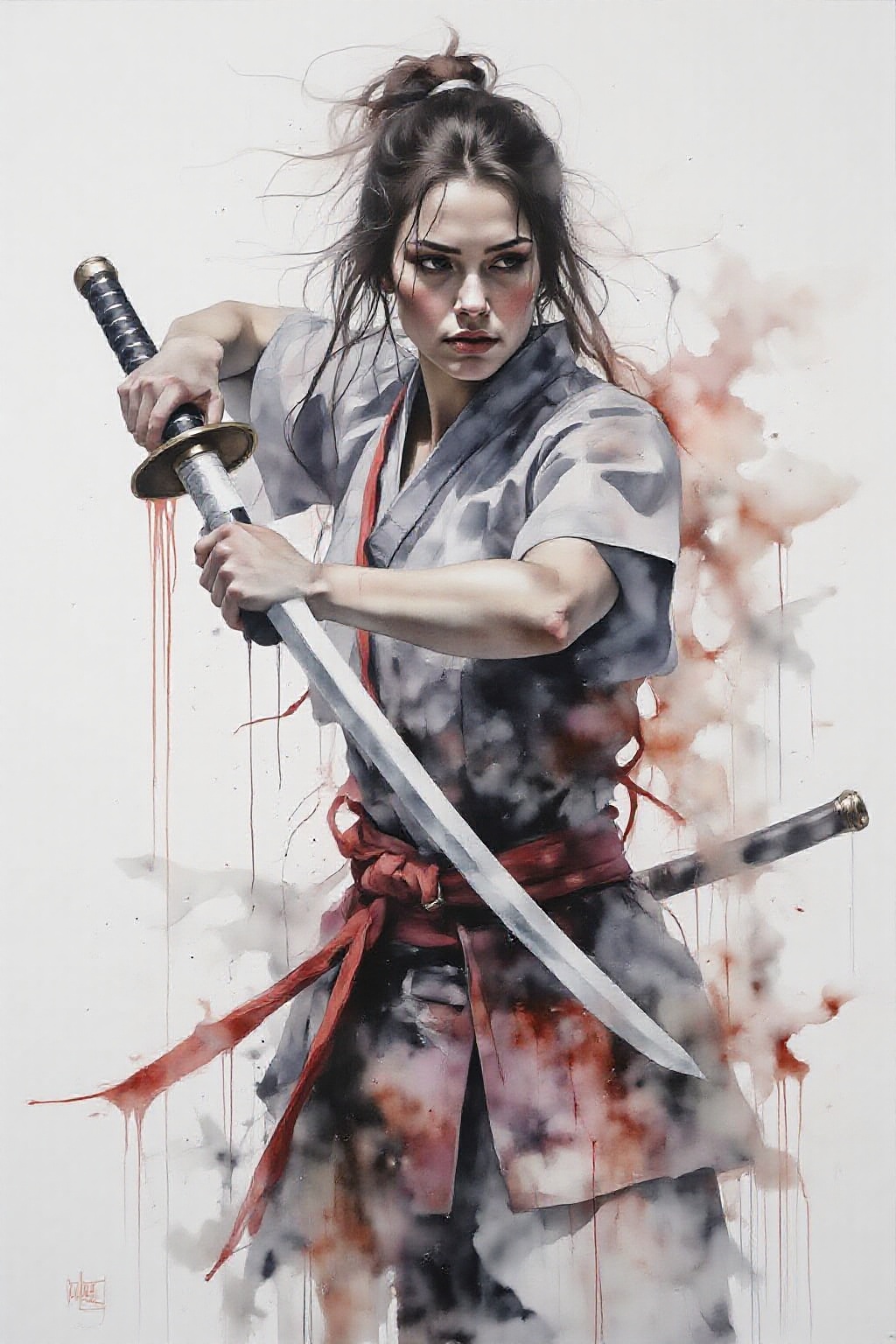 yawc1 watercolor. a dipiction of a female Japanese samurai warrior wielding a katana,  blending form with reality. Glitchi...