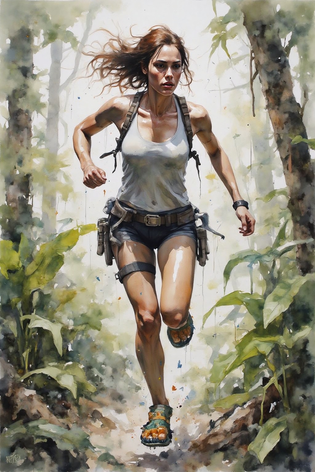yawc1 watercolor. Lara Croft wearing a pair of slippers shaped like dinasours,  while running in a jungle. on Tensor.Art