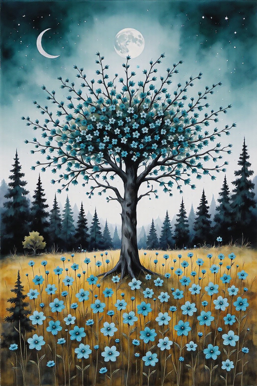 yawc1 watercolor. Full shot of a vibrant painting. A large central tree,  rendered in deep black,  is adorned with numerou...