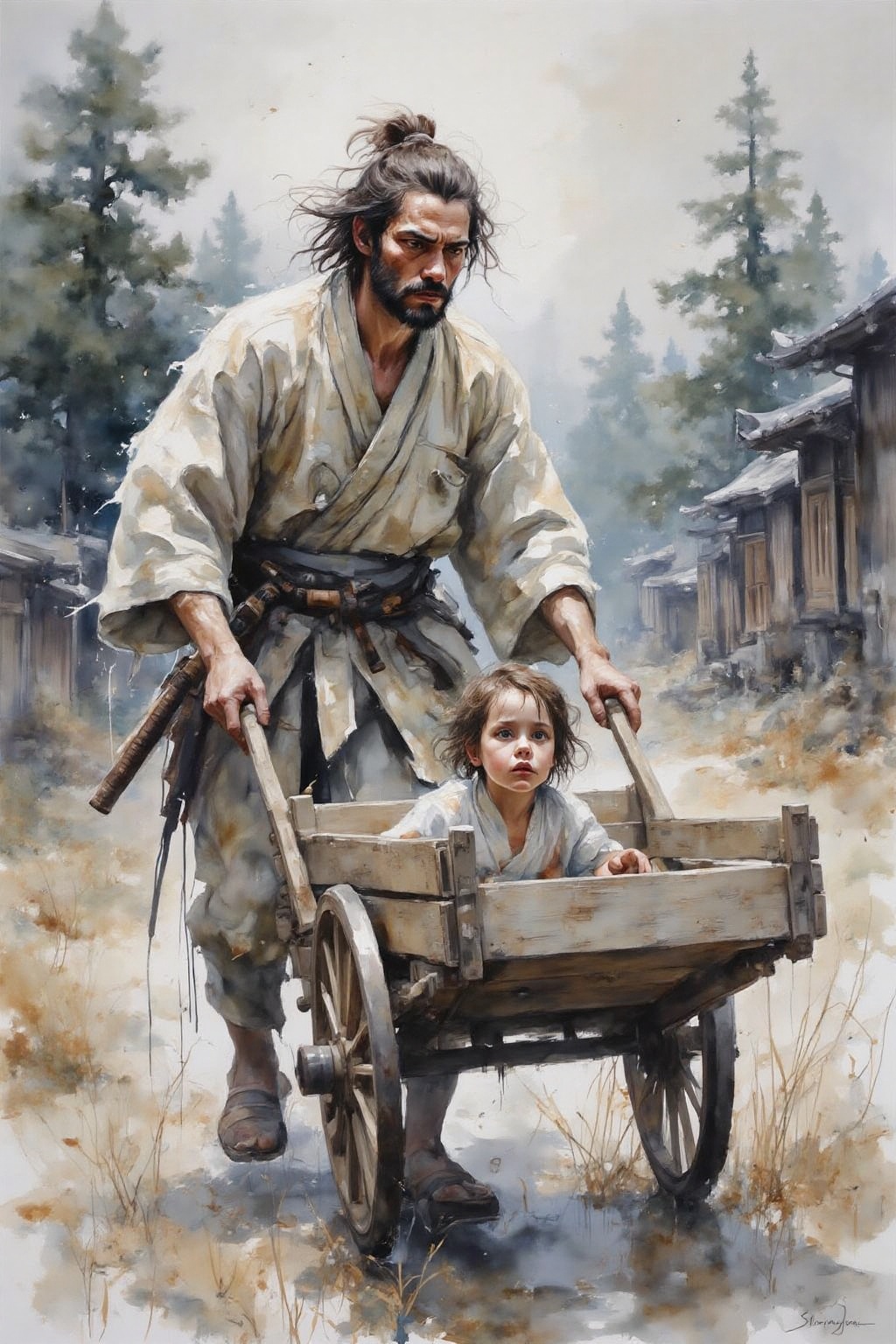 yawc1 watercolor. A stoic samurai dressed in traditional tattered kimono pushes a wooden cart through a serene yet dangero...