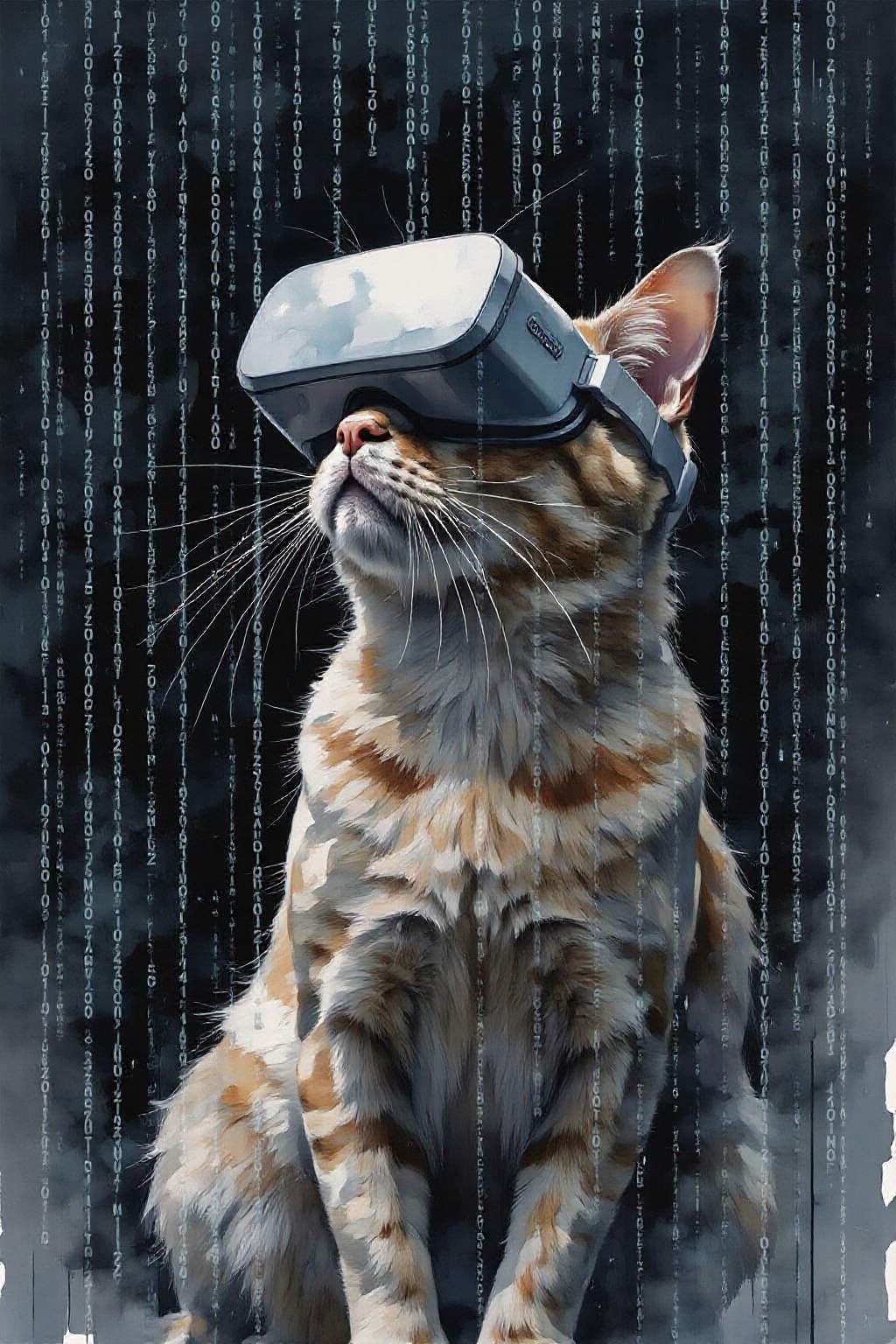 yawc1 watercolor. A matrix code waterfall is filling the screen,  double exposure with A cat playing game,  wearing a VR H...