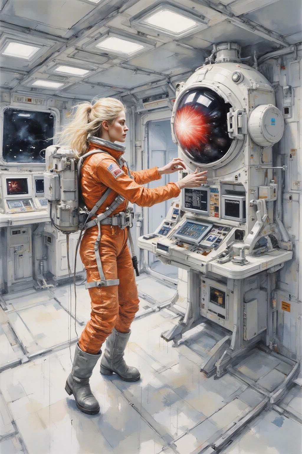 yawc1 watercolor. Overhead sideview of a blonde woman dressed in a orange spacesuit and heavy boots,  is carefully re-enac...