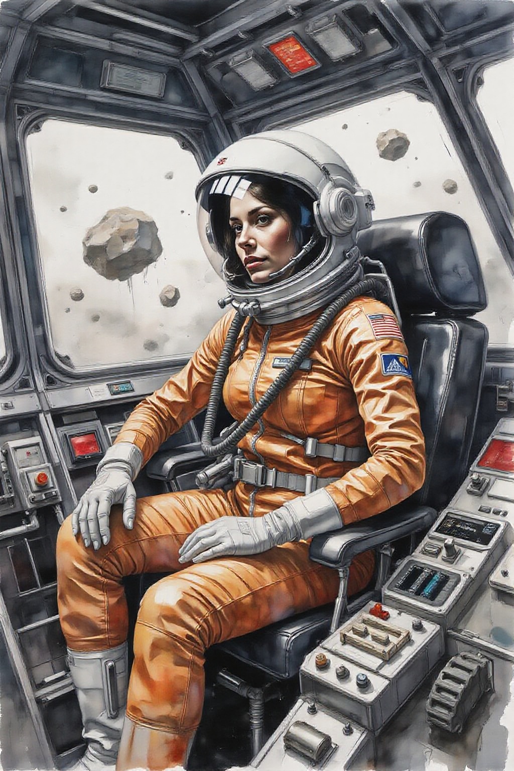 yawc1 watercolor. A woman wearing a futuristic yet retro spacesuit sitting inside a retro chrome spacecraft,  confidently...