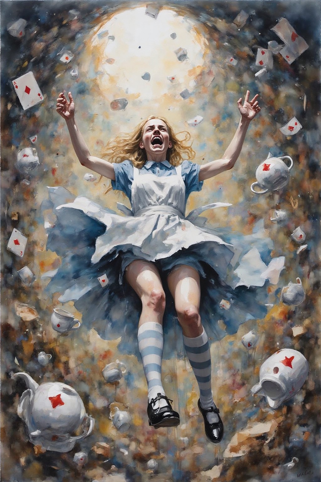 yawc1 watercolor. Overhead view of Alice in Wonderland falling into the rabbit hole,  with her legs dangling beneath her....