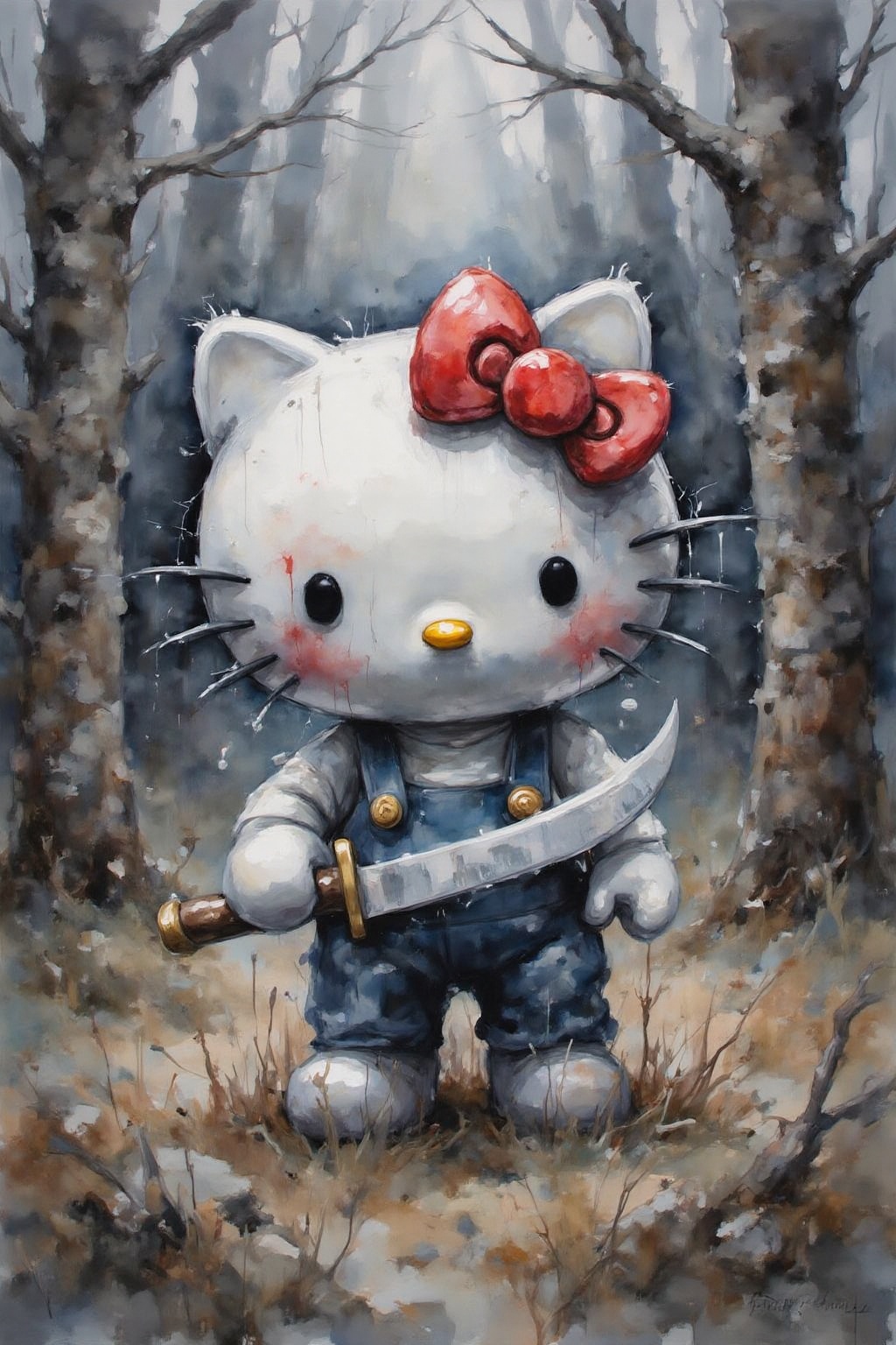yawc1 watercolor. Hello Kitty in the middle of the forest holding a knife,  the atmosphere and the character looks scary,...